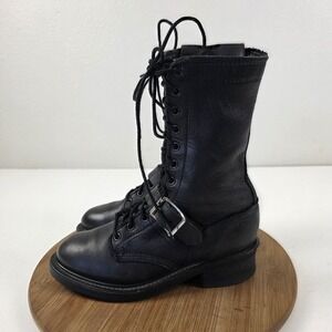 VTG Double HH Engineer Boots 6.5 Black Leather Lace Biker Zip Buckle Moto Combat